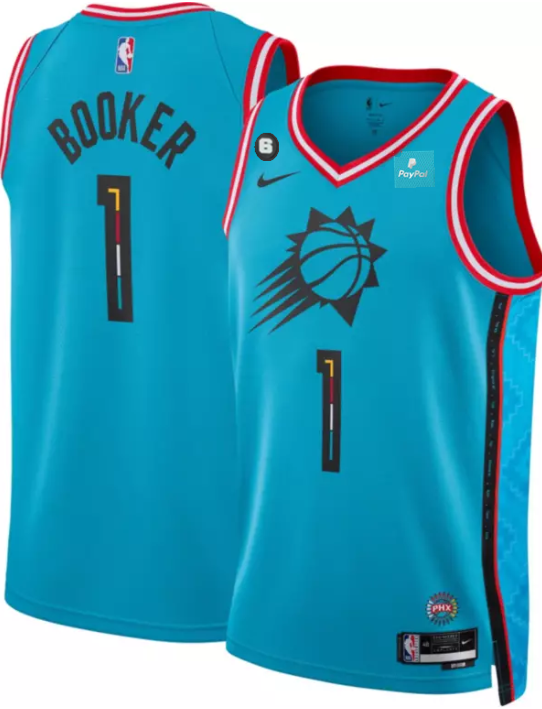 Men's Phoenix Suns #1 Devin Booker Blue 2022-23 City Edition With NO.6 Patch Stitched Basketball Jersey Men's Phoenix Suns #1 Devin Booker Blue 2022-23 City Edition With NO.6 Patch Stitched Basketball Jersey