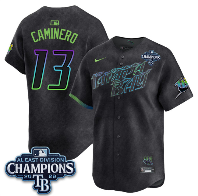 Men's Tampa Bay Rays #13 Junior Caminero Charcoal 2026 AL East Champions Patch City Connect Limited Stitched Baseball Jersey Men's Tampa Bay Rays #13 Junior Caminero Charcoal 2026 AL East Champions Patch City Connect Limited Stitched Baseball Jersey