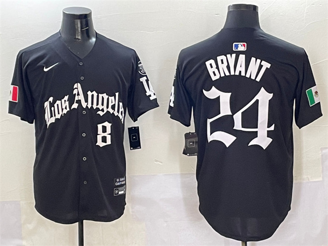 Men's Los Angeles Dodgers Front #8 Back #24 Kobe Bryant Black Mexico 2025 LA Gothic Style With Fernando Patch Vapor Premier Limited Stitched Baseball Jersey Men's Los Angeles Dodgers Front #8 Back #24 Kobe Bryant Black Mexico 2025 LA Gothic Style With Fernando Patch Vapor Premier Limited Stitched Baseball Jersey
