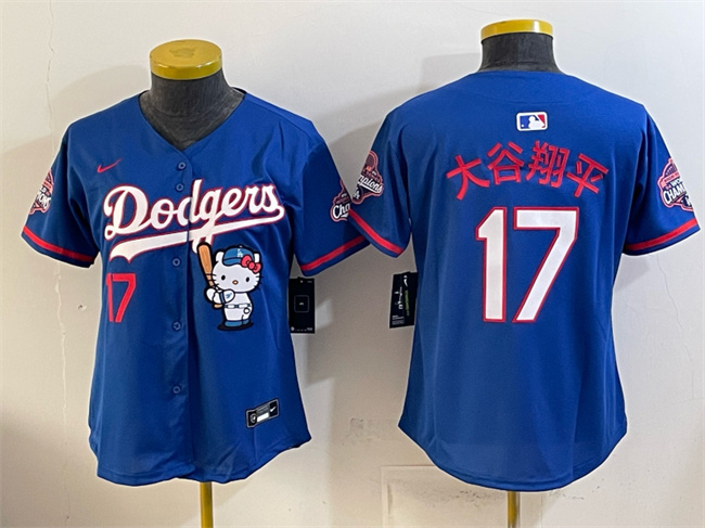 Women's Los Angeles Dodgers #17 大谷翔平 Royal Hello Kitty Night 2025 World Series Champions Patch Stitched Baseball Jersey(Run Small)