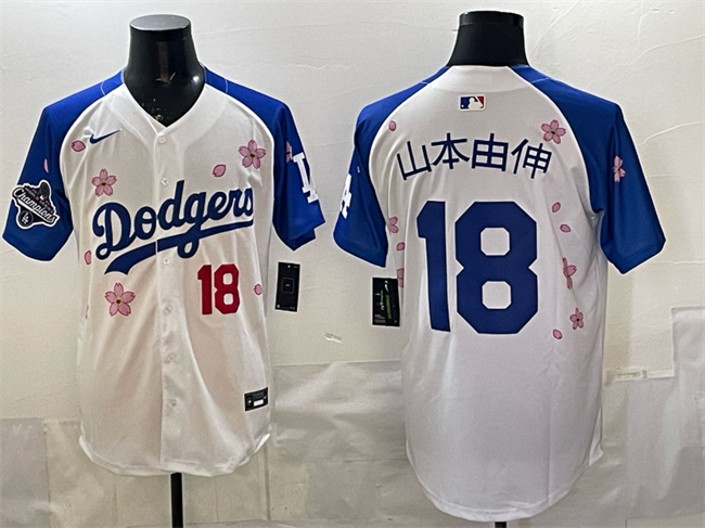 Men's Los Angeles Dodgers #18 山本由伸 White/Royal 2025 World Series Champions Patch Tokyo Series Limited Stitched Baseball Jersey Men's Los Angeles Dodgers #18 山本由伸 White/Royal 2025 World Series Champions Patch Tokyo Series Limited Stitched Baseball Jersey