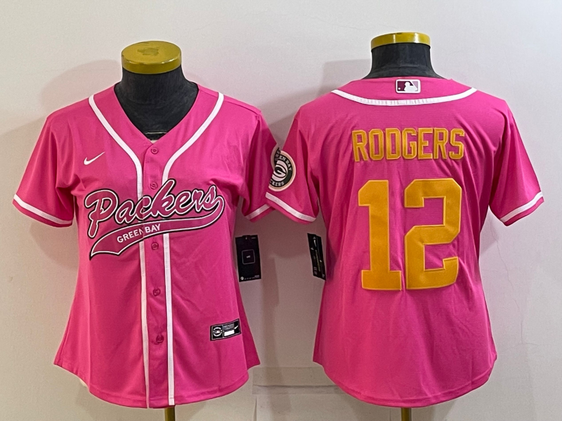 Women's Green Bay Packers #12 Aaron Rodgers Pink Gold With Patch Cool Base Stitched Baseball Jersey(Run Small)