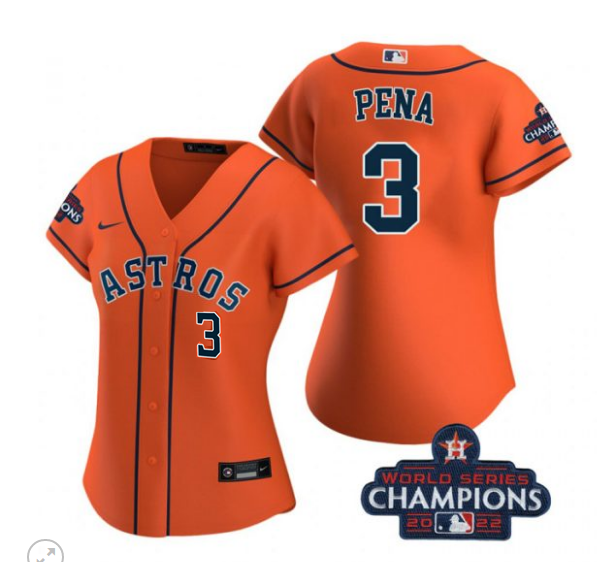 Women's Houston Astros #3 Jeremy Peña Orange 2022 World Series Champions With No. In Front Stitched Baseball Jersey(Run Small) Women's Houston Astros #3 Jeremy Peña Orange 2022 World Series Champions With No. In Front Stitched Baseball Jersey(Run Small)