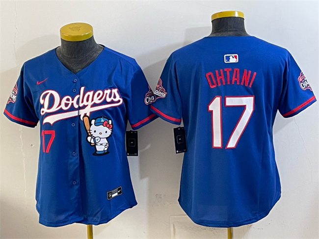 Women's Los Angeles Dodgers #17 Shohei Ohtani Royal Hello Kitty Night 2025 World Series Champions Patch Stitched Baseball Jersey(Run Small)