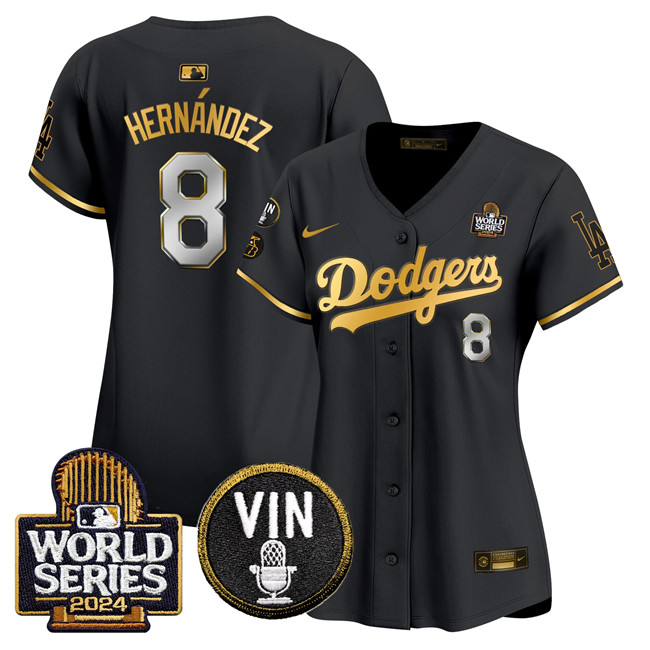 Women's Los Angeles Dodgers #8 Enrique Hernández Black/Gold 2024 World Series With Vin & Kobe Patch Limited Stitched Baseball Jersey(Run Small)
